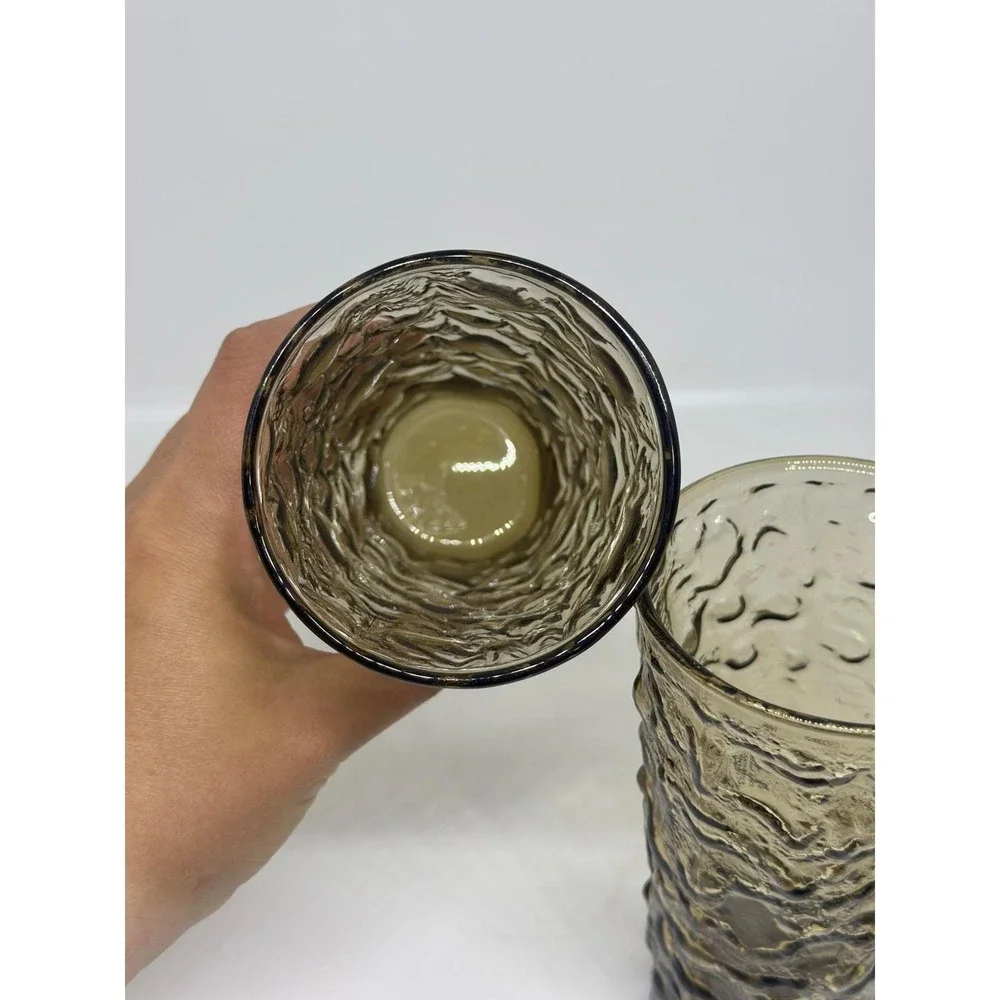 VTG Anchor Hocking Lido Milano Smoke Glass Tumblers Set Textured Bark Brown 5.5
